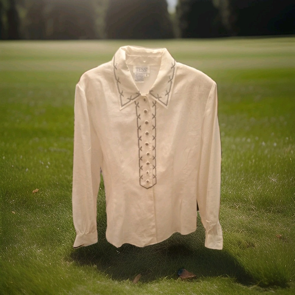 Womens VintageTess Off White (Ivory) 100% Rami Sz 12 Fitted Embroidered Shirt